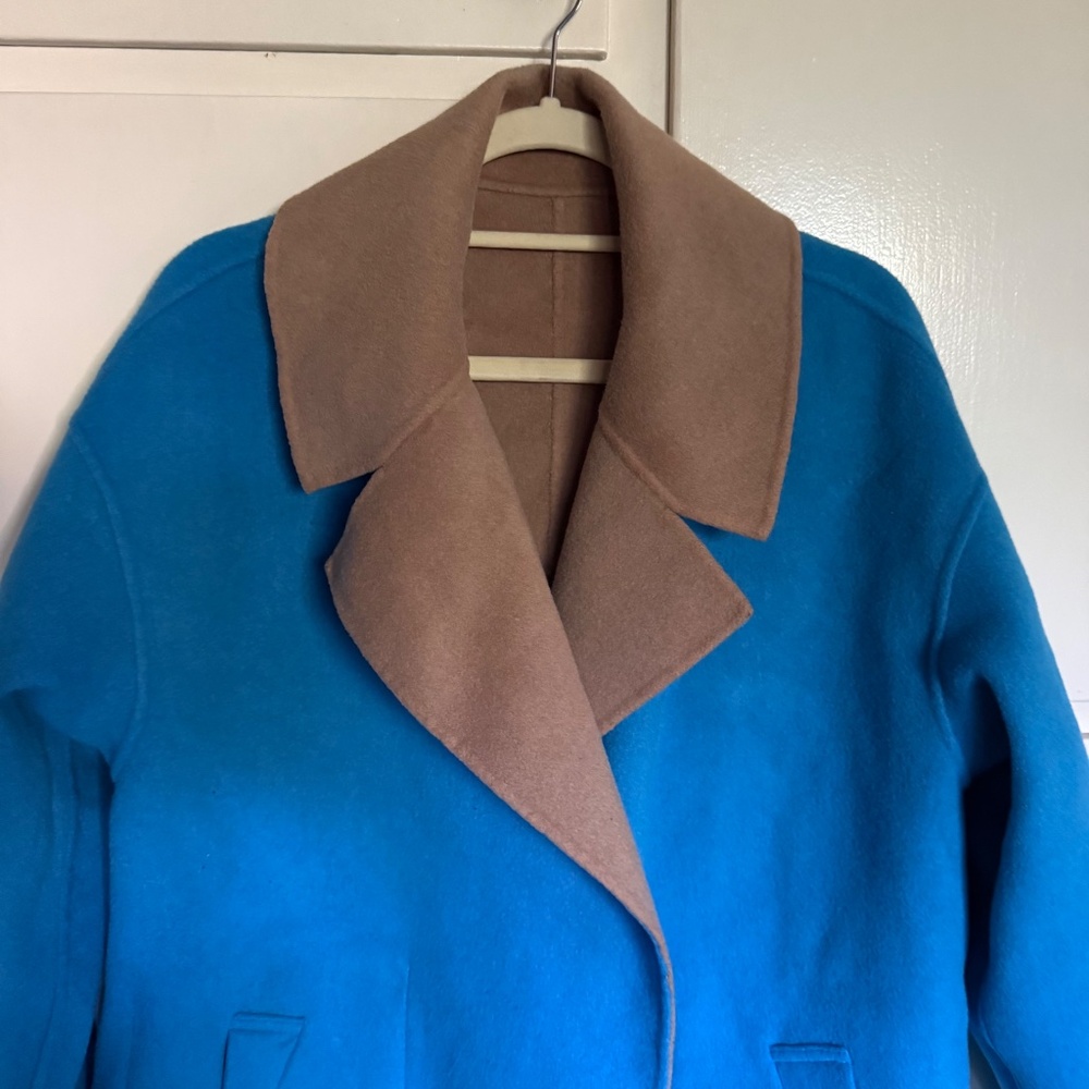Essentiel Antwerp Reversible Camel Turquoise Wool Blend Wrap Coat Size 36 US 4 - Picture 8 of 16